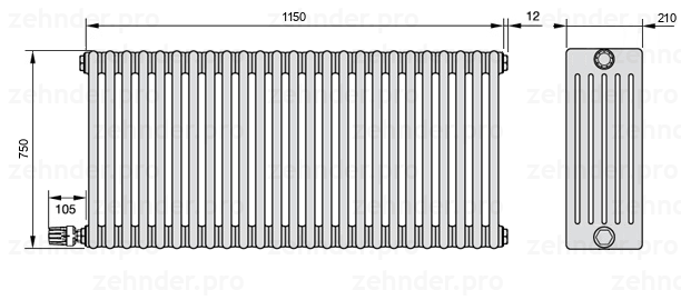 Схема (чертеж) Радиатор Zehnder Charleston 6075/25 №V004 Белый глянцевый RAL 9016